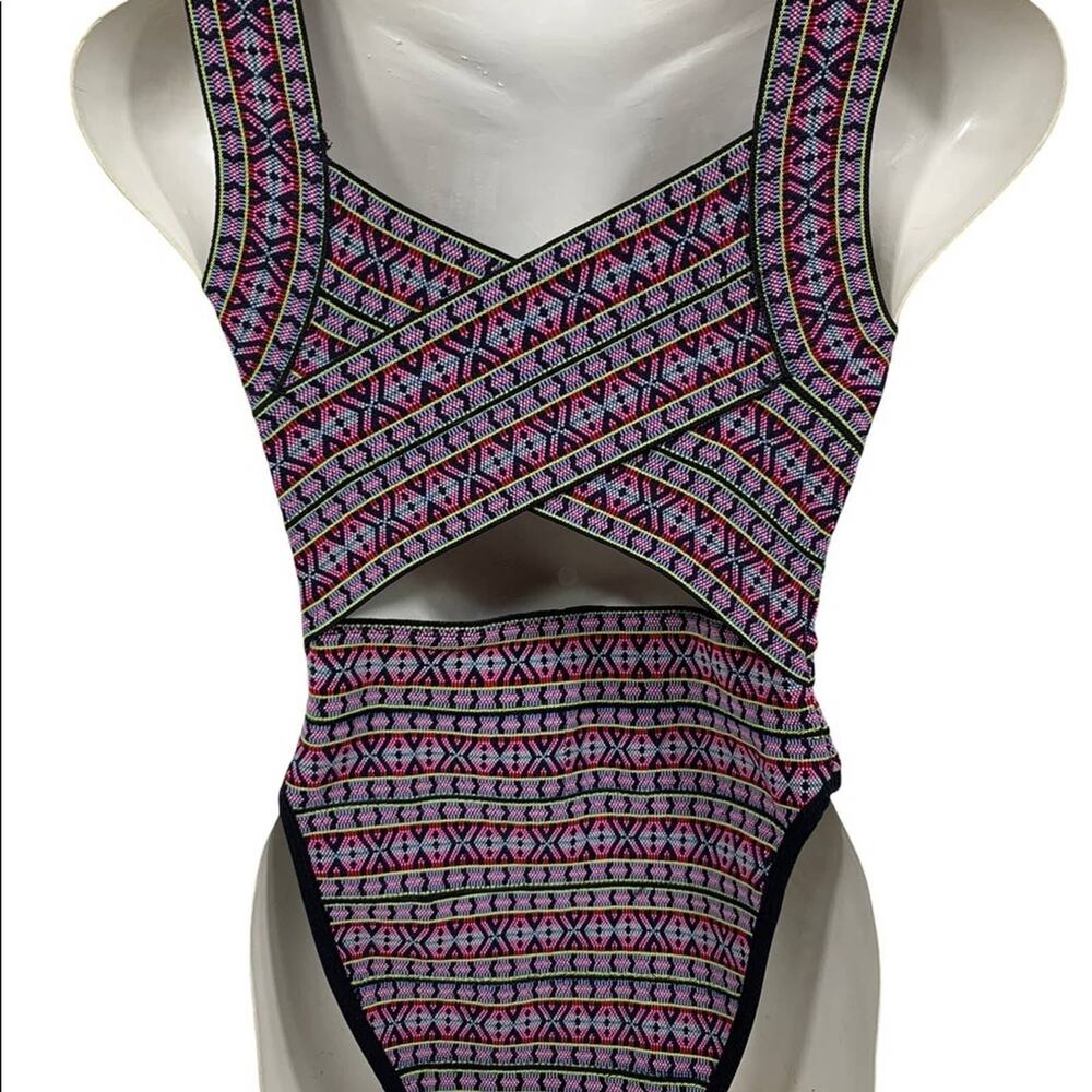 ASOS Multicolor Tribal Criss Cross Cutout One Piece Swimsuit Size 4 - Picture 4 of 7